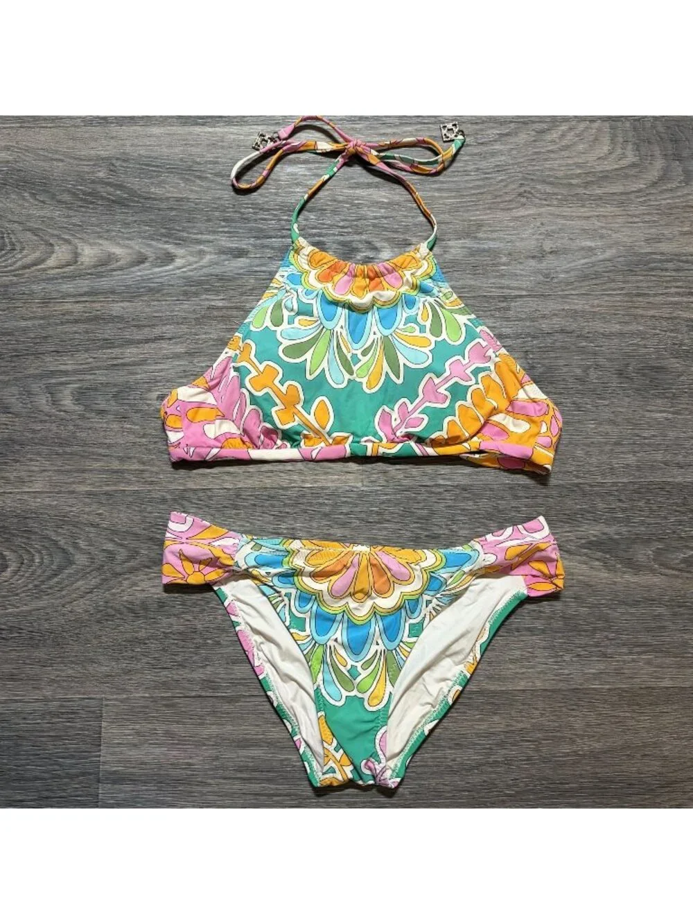Trina Turk Tamarindo High Neck Halter Bikini Set M/L Style Swim Floral Print